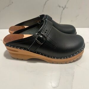 Troentorp TOFFELFABRIK Black Leather Wooden Sole & Heel Clogs Mules Sweden EU37